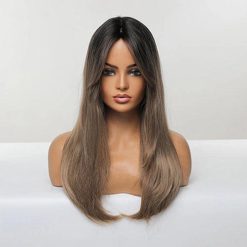 Long Ash Brown Straight Machine Made Synthetic Hair Wig