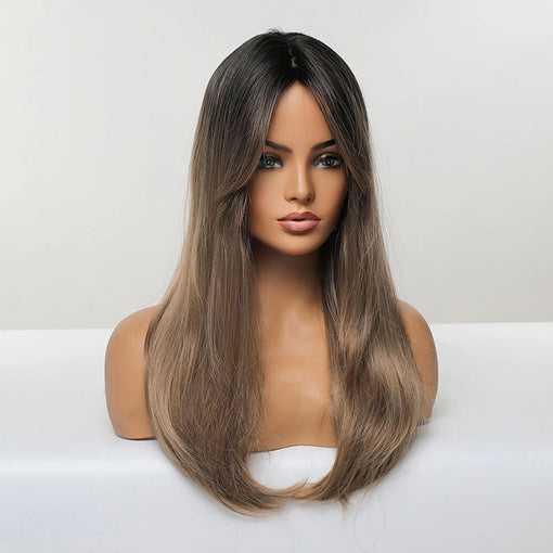 Long Ash Brown Straight Machine Made Synthetic Hair Wig