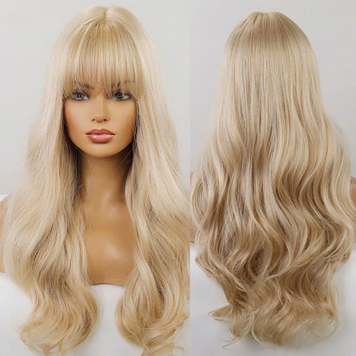 Long Blonde Natural Wavy Machine Made Synthetic Hair Wig With Bangs