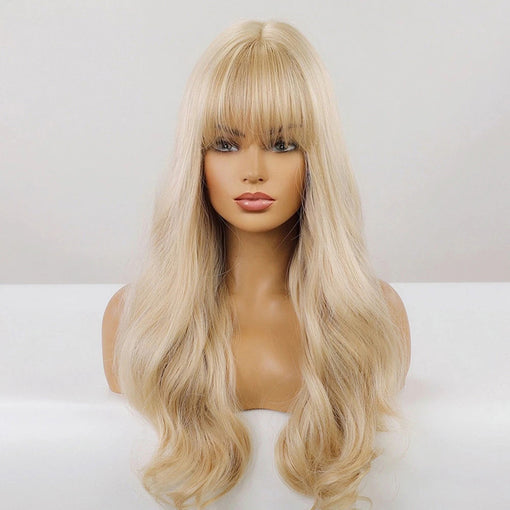 Long Blonde Natural Wavy Machine Made Synthetic Hair Wig With Bangs