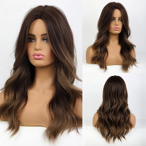 Long Brown Natural Wavy Machine Made Synthetic Hair Wig