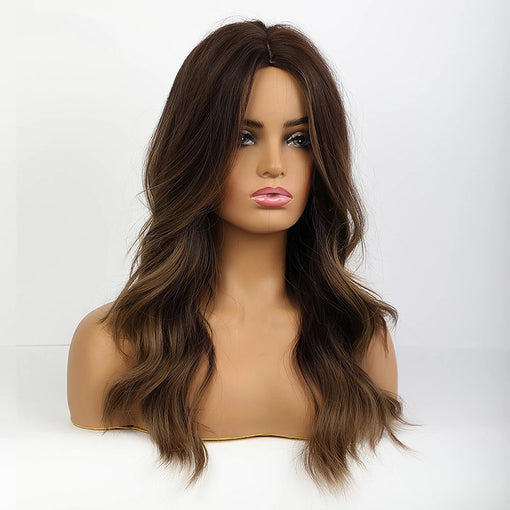 Long Brown Natural Wavy Machine Made Synthetic Hair Wig