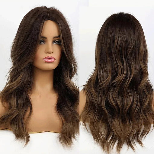 Long Brown Natural Wavy Machine Made Synthetic Hair Wig