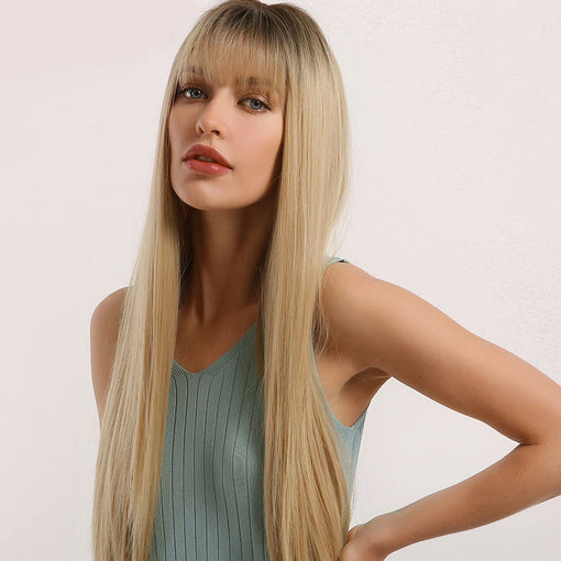 Long Brown Root Blonde Straight Machine Made Synthetic Hair Wig With Bangs