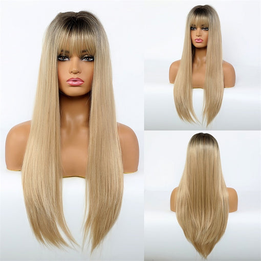Long Brown Root Blonde Straight Machine Made Synthetic Hair Wig With Bangs