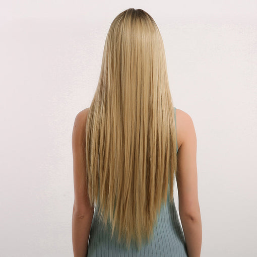 Long Brown Root Blonde Straight Machine Made Synthetic Hair Wig With Bangs