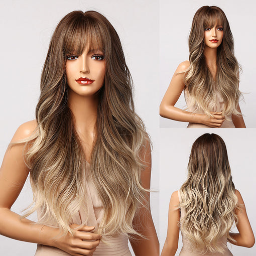 Long Ombre Blonde Natural Wavy Machine Made Synthetic Hair Wig With Bangs