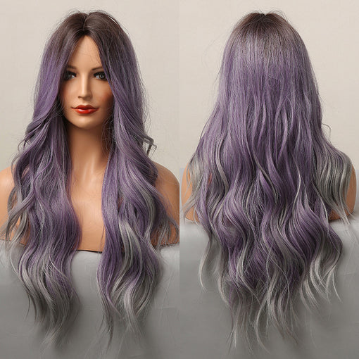 Long Ombre Purple Natural Wavy Machine Made Synthetic Hair Wig