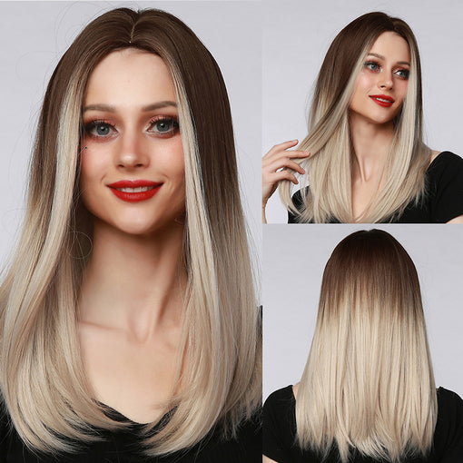 Medium Length Ombre Brown Blonde Straight Machine Made Synthetic Hair Wig