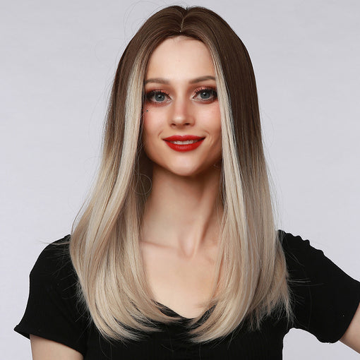 Medium Length Ombre Brown Blonde Straight Machine Made Synthetic Hair Wig