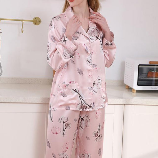 19m/m Silk Pajamas Thin Printing Lapel Long-Sleeved Trousers Loungewear [SLP0004]