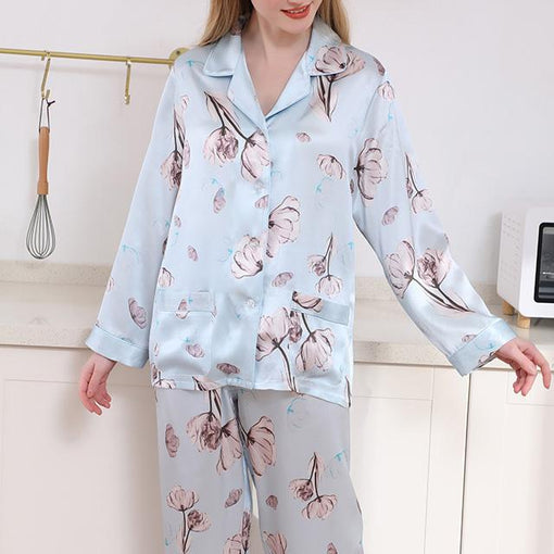 19m/m Silk Pajamas Thin Printing Lapel Long-Sleeved Trousers Loungewear [SLP0004]