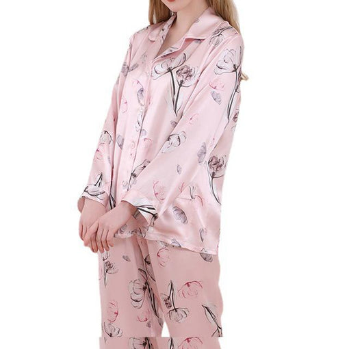 19m/m Silk Pajamas Thin Printing Lapel Long-Sleeved Trousers Loungewear [SLP0004]