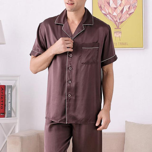 100% Silk Pajamas Men's Short-Sleeved Trousers Two-Piece Loungewear [SLP0009]