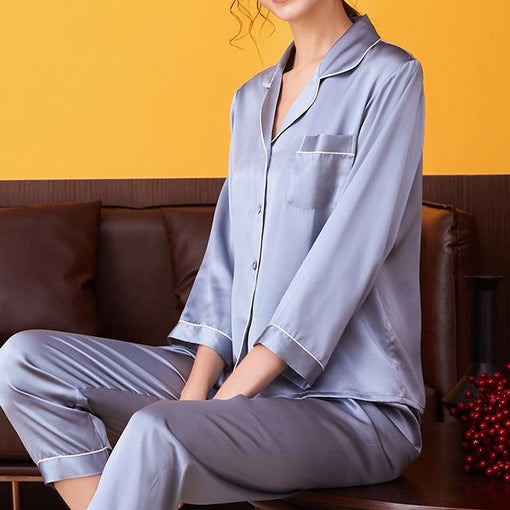 100% Mulberry Silk Pajamas Long-Sleeved Trousers Two-Piece Suit Loungewear [SLP0010]