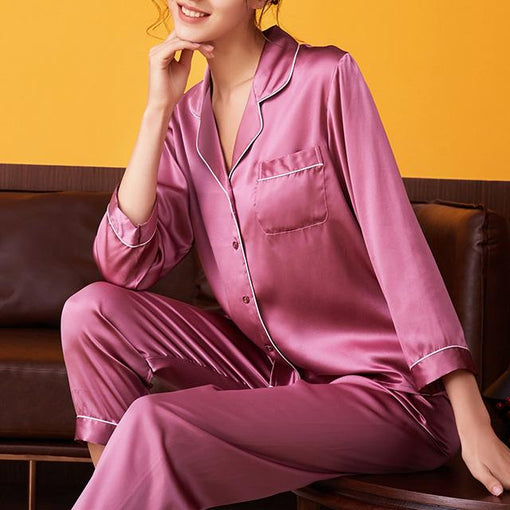 100% Mulberry Silk Pajamas Long-Sleeved Trousers Two-Piece Suit Loungewear [SLP0010]