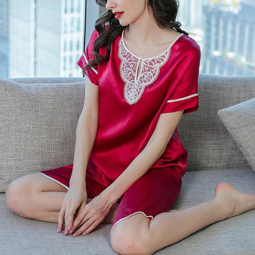 100% Real Silk Pajamas Summer Lace Short-Sleeved Two-Piece Suit Loungewear [SLP0011]