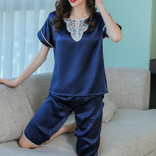 100% Real Silk Pajamas Summer Lace Short-Sleeved Two-Piece Suit Loungewear [SLP0011]