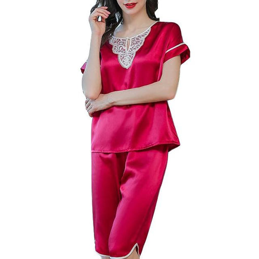 100% Real Silk Pajamas Summer Lace Short-Sleeved Two-Piece Suit Loungewear [SLP0011]