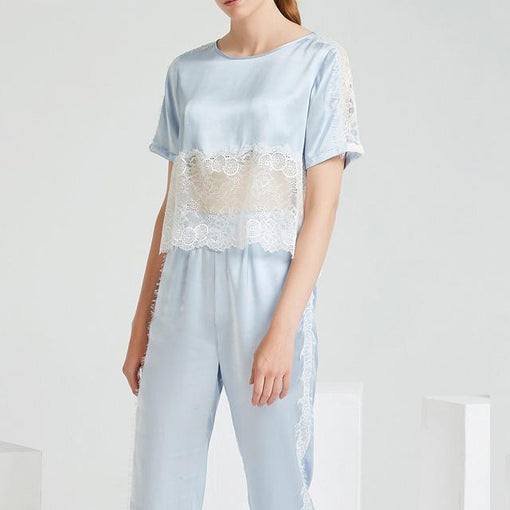 19m/m Silk Fashion Lace Pajamas Suit Sexy Short-Sleeved Trousers Loungewear [SLP0024]