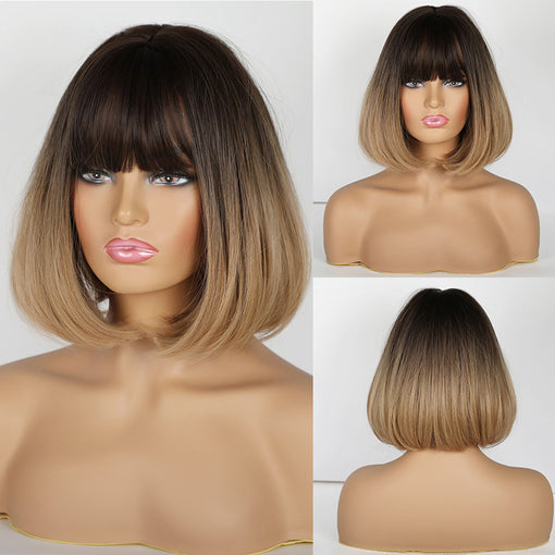 Short Ombre Black Blonde Straight Machine Made Synthetic Hair Wig With Bangs