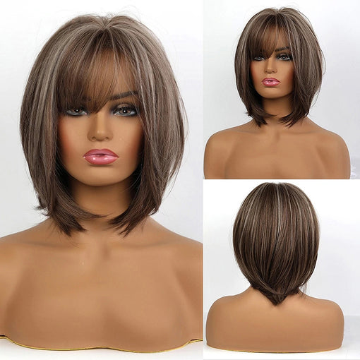 Short Brown Hightlight Straight Machine Made Synthetic Hair Wig With Bangs