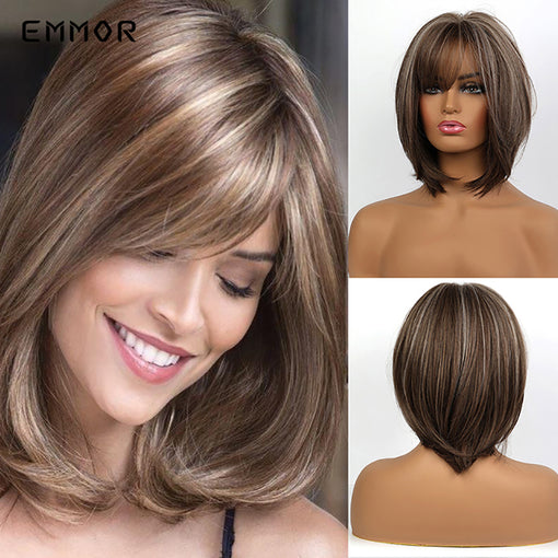 Short Brown Hightlight Straight Machine Made Synthetic Hair Wig With Bangs