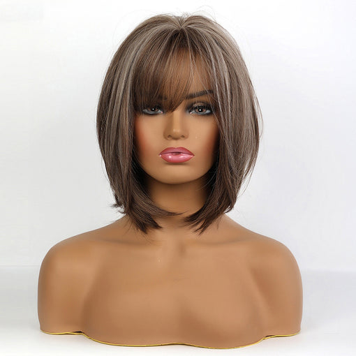 Short Brown Hightlight Straight Machine Made Synthetic Hair Wig With Bangs