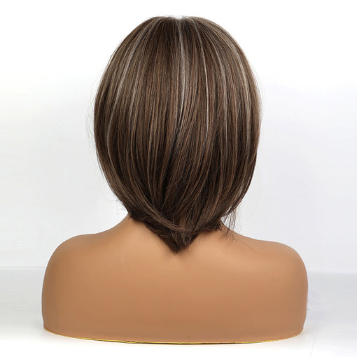 Short Brown Hightlight Straight Machine Made Synthetic Hair Wig With Bangs