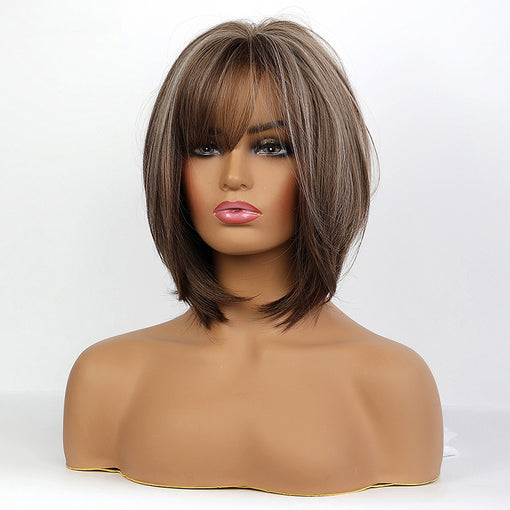 Short Brown Hightlight Straight Machine Made Synthetic Hair Wig With Bangs