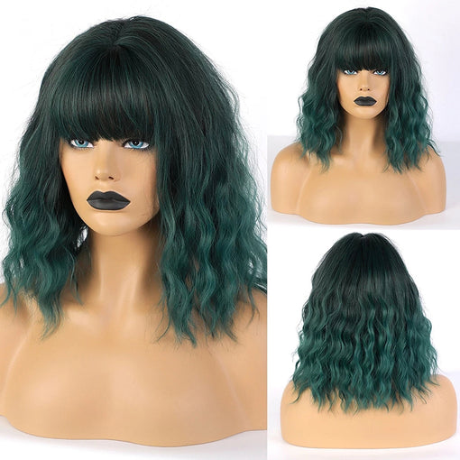 Short Ombre Green Natural Wavy Machine Made Synthetic Hair Wig With Bangs