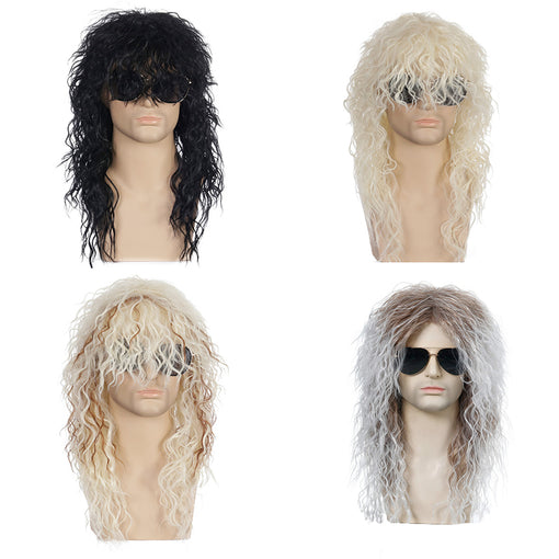 Long Black Blonde Natural Wavy Machine Made Synthetic Hair Wig For Men
