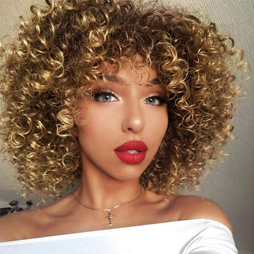 Short Light Brown Curly Machine Made Synthetic Hair Wig