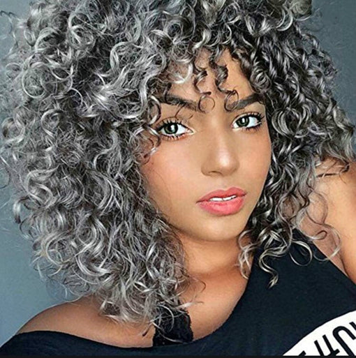 Short Grey Curly Machine Made Synthetic Hair Wig
