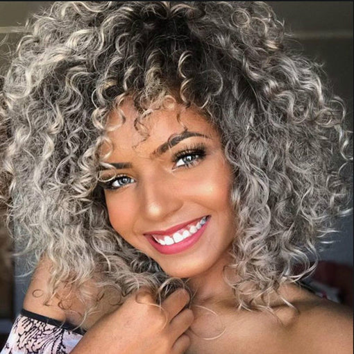 Short Grey Curly Machine Made Synthetic Hair Wig