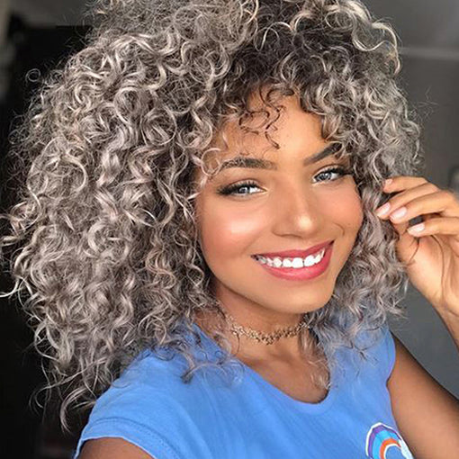 Short Grey Curly Machine Made Synthetic Hair Wig