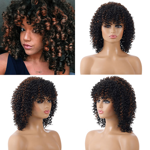 Short Black Brown Hightlight Curly Machine Made Synthetic Hair Wig