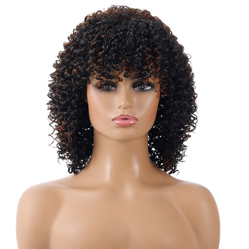 Short Black Brown Hightlight Curly Machine Made Synthetic Hair Wig
