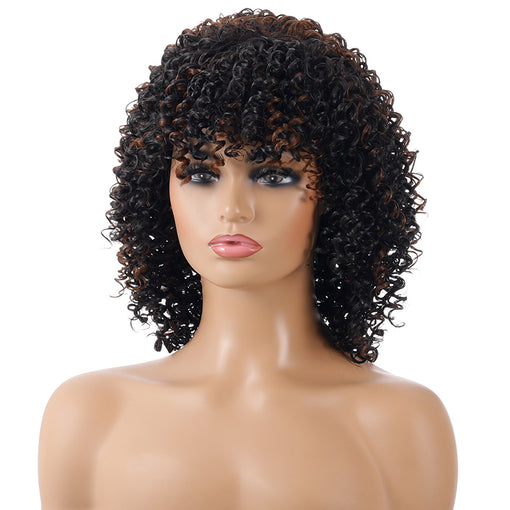 Short Black Brown Hightlight Curly Machine Made Synthetic Hair Wig
