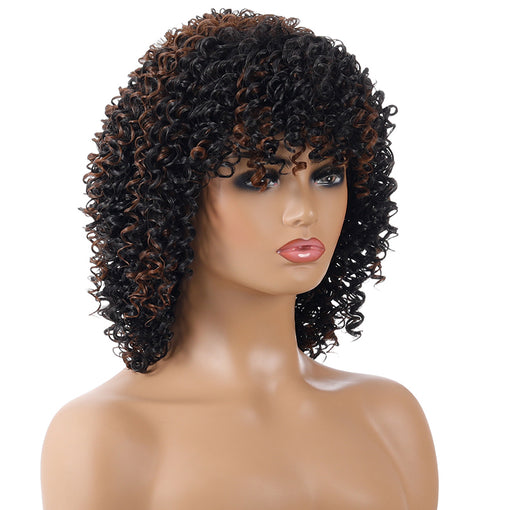 Short Black Brown Hightlight Curly Machine Made Synthetic Hair Wig