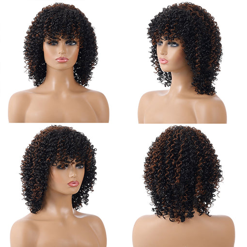 Short Black Brown Hightlight Curly Machine Made Synthetic Hair Wig